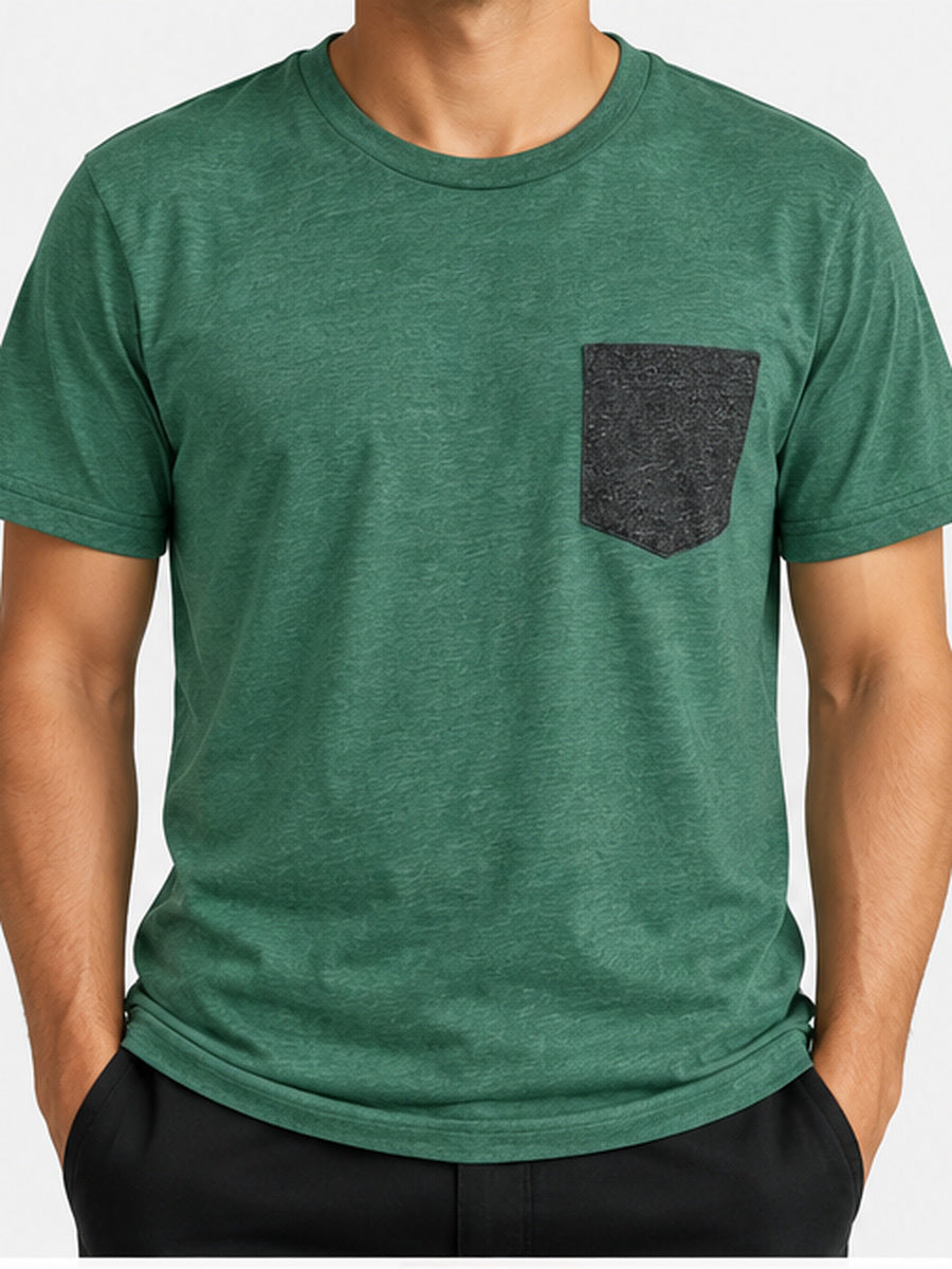 Portada 3:4 ilustrativa con modelo frontal usando polera Volcom Modern Fit verde jaspeada con bolsillo gris, talla M