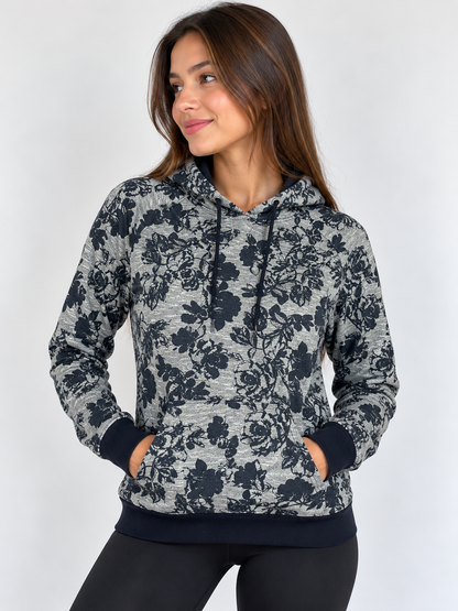 Imagen referencial con modelo mujer de polerón Aeropostale floral gris y azul marino talla M, formato 3:4