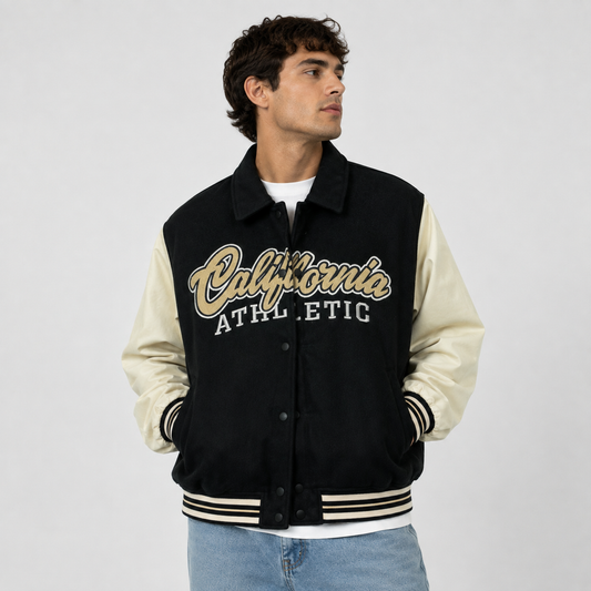 CHAQUETA BOMBER H&M DIVIDED CALIFORNIA ATHLETIC TALLA XL NEGRA/CREMA