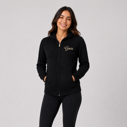 Guess Hoodie Negra con Cierre Mujer