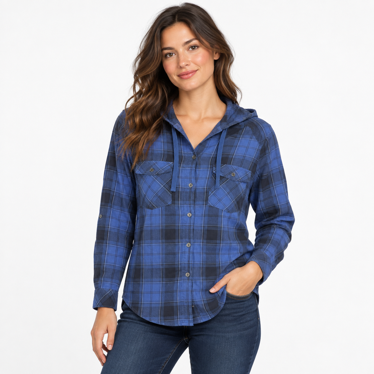 CAMISA COLUMBIA MUJER TALLA M AZUL A CUADROS CON CAPUCHA