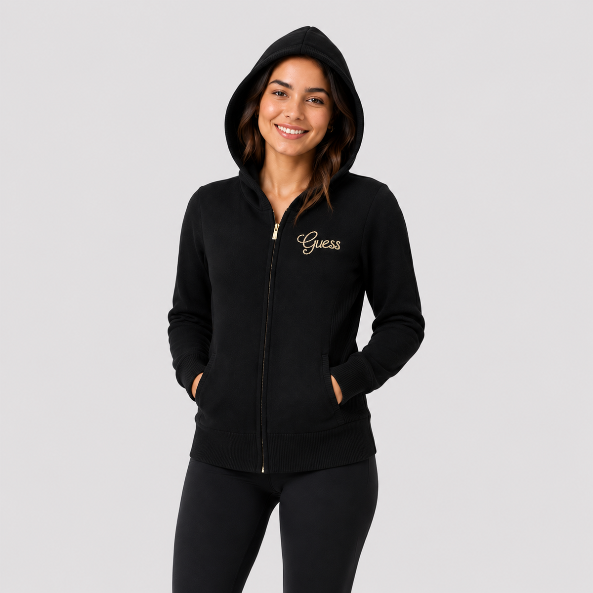 Guess Hoodie Negra con Cierre Mujer