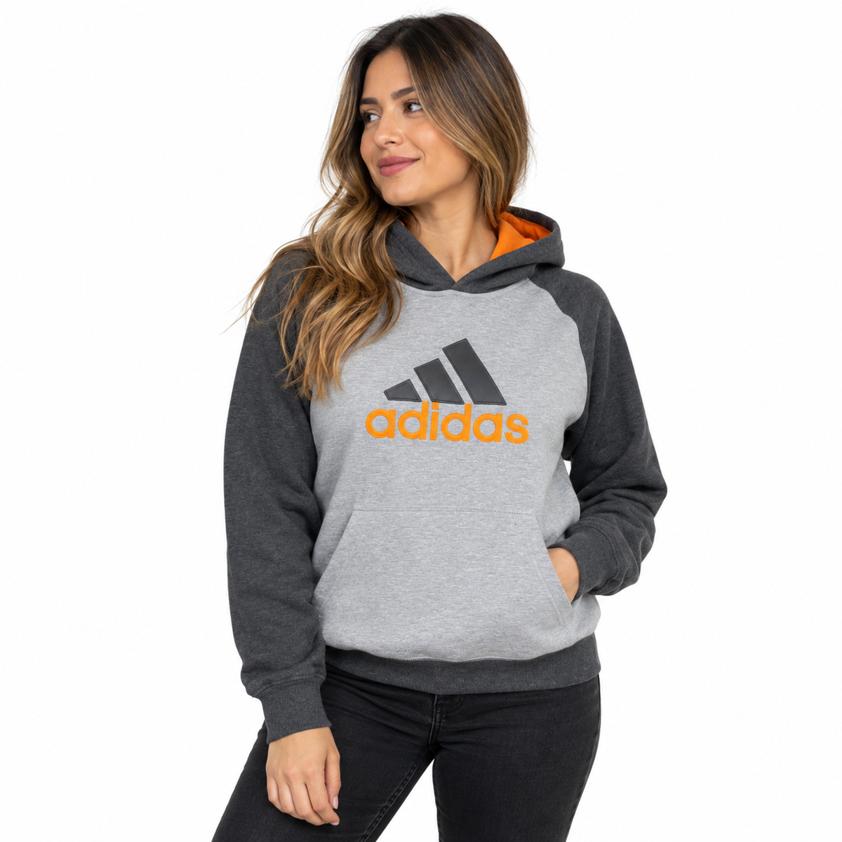 POLERÓN ADIDAS MUJER TALLA M APROX. GRIS CON NARANJO