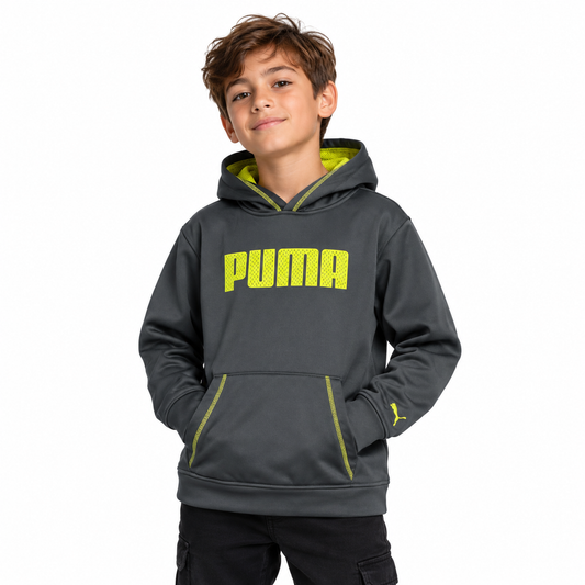 POLERÓN PUMA BOYS CON CAPUCHA TALLA L GRIS/AMARILLO