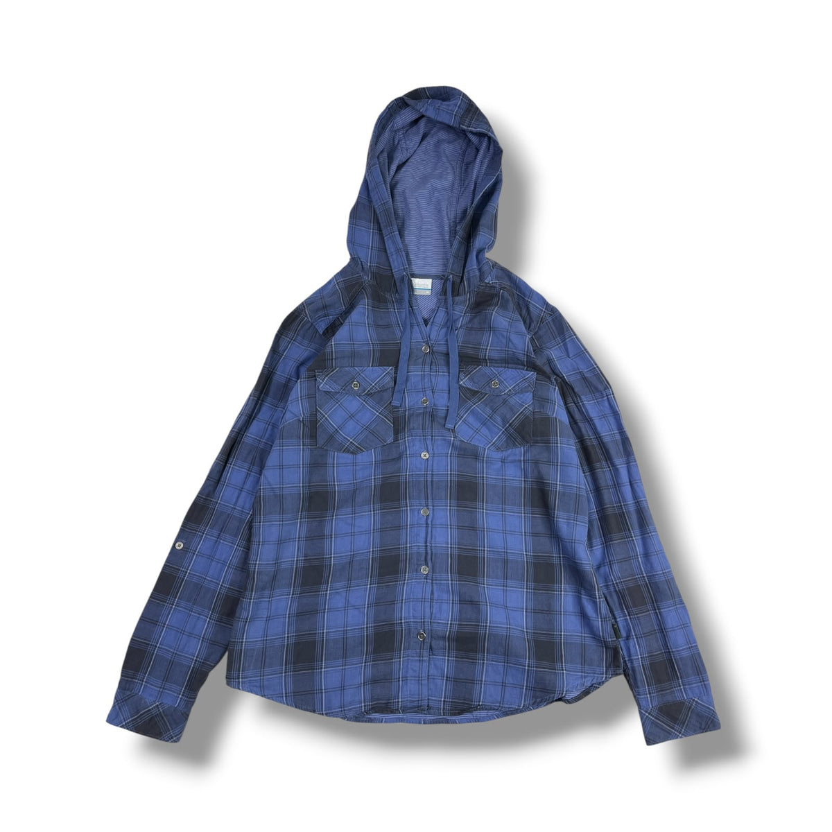 CAMISA COLUMBIA MUJER TALLA M AZUL A CUADROS CON CAPUCHA