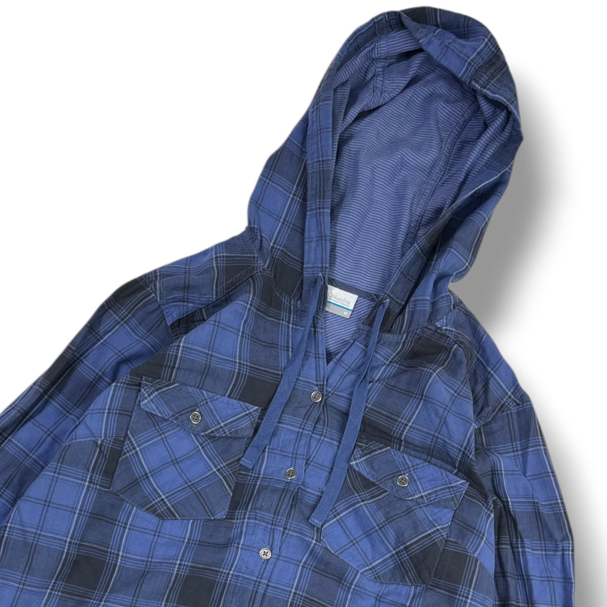 CAMISA COLUMBIA MUJER TALLA M AZUL A CUADROS CON CAPUCHA