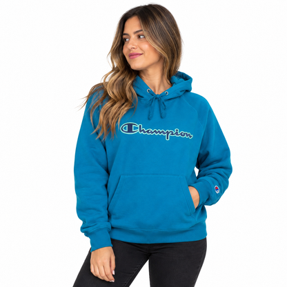 POLERÓN CHAMPION MUJER TALLA L AZUL TURQUESA CON CAPUCHA