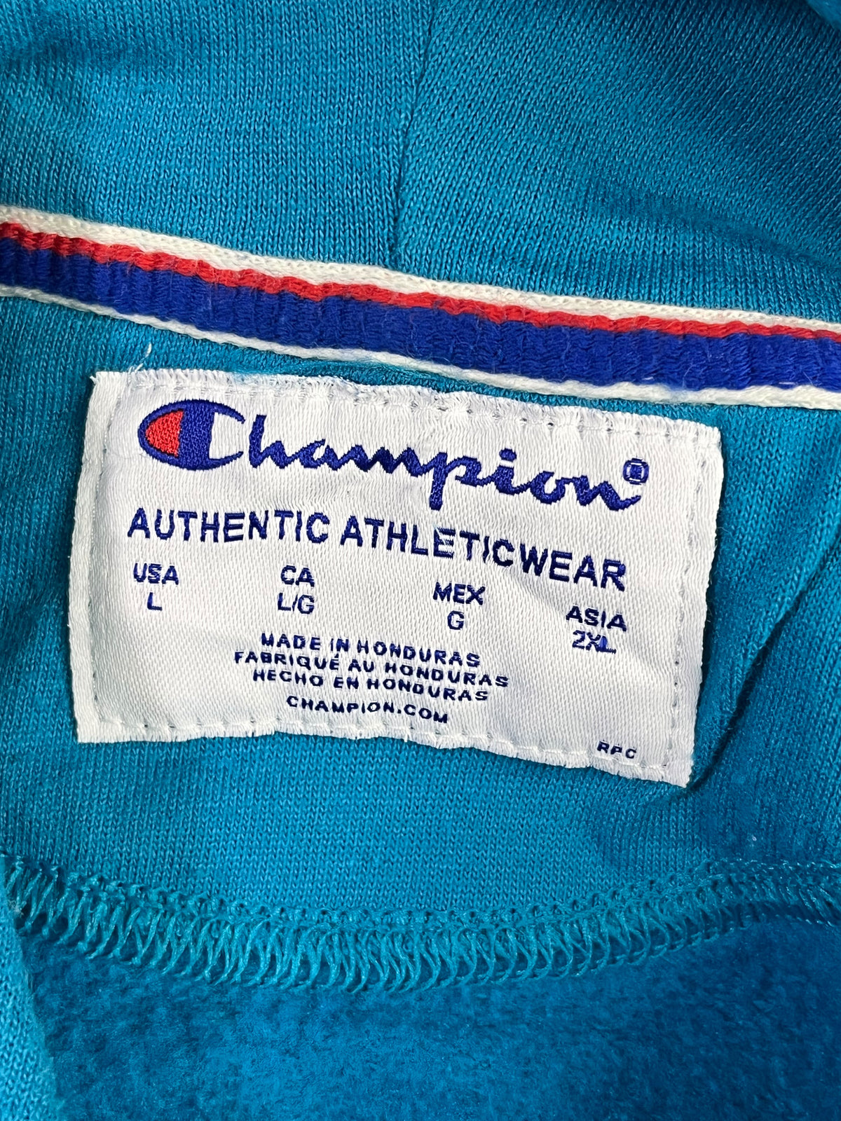 POLERÓN CHAMPION MUJER TALLA L AZUL TURQUESA CON CAPUCHA